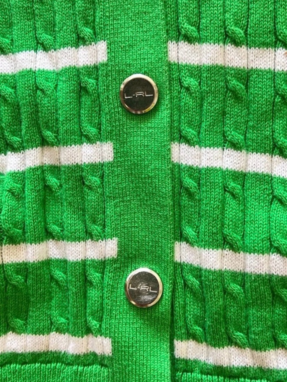 Vintage Ralph Lauren L-RL Lauren Active Green Striped Cable Knit Cardigan M - Picture 5 of 5